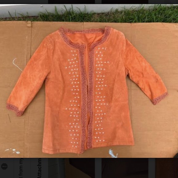 Orange Suede Leather Beaded Embroidered Jacket, S - Picture 7 of 8